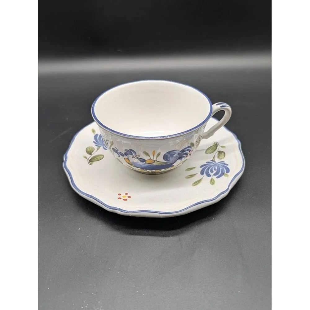 Vintage Luneville France Chanteclerc Teacup Saucer Set scallop Rooster Blue Rare